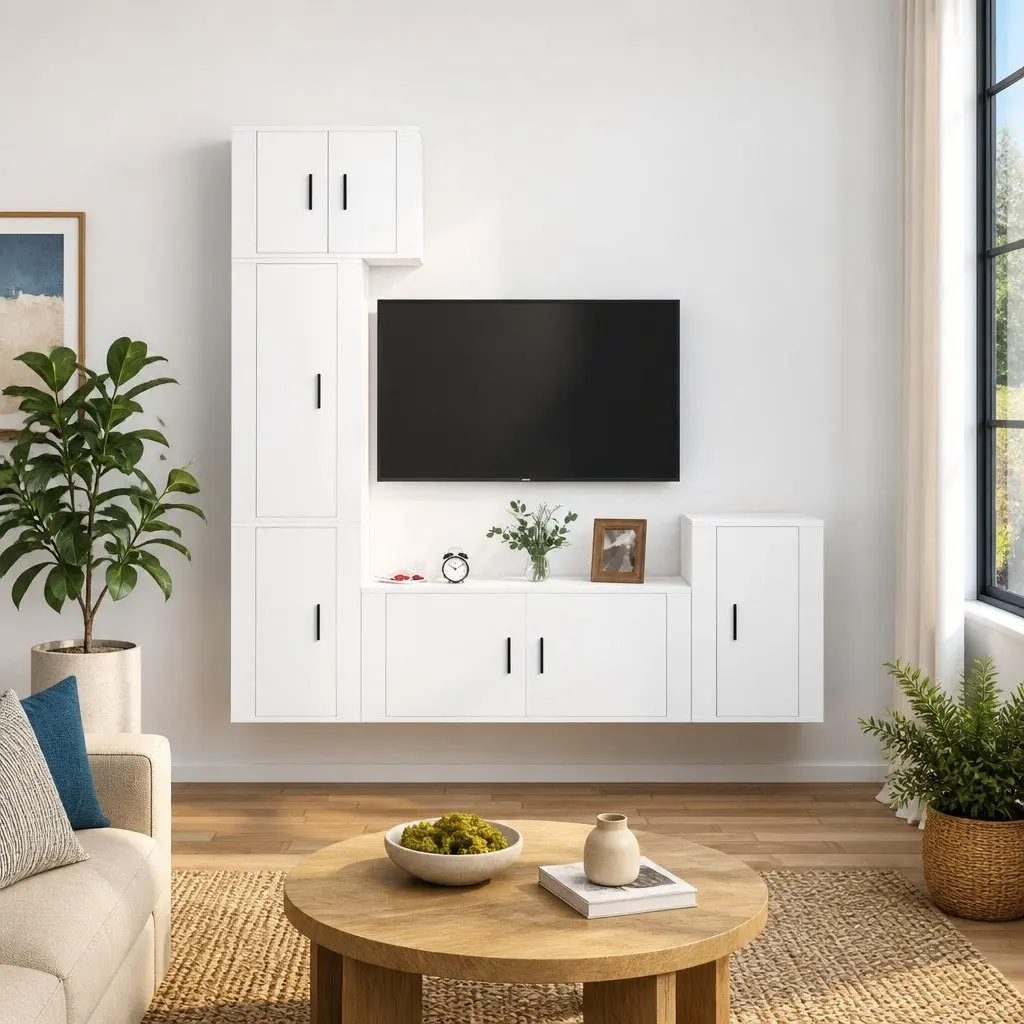 White Wall-Mounted TV Cabinet Set with Ample Storage