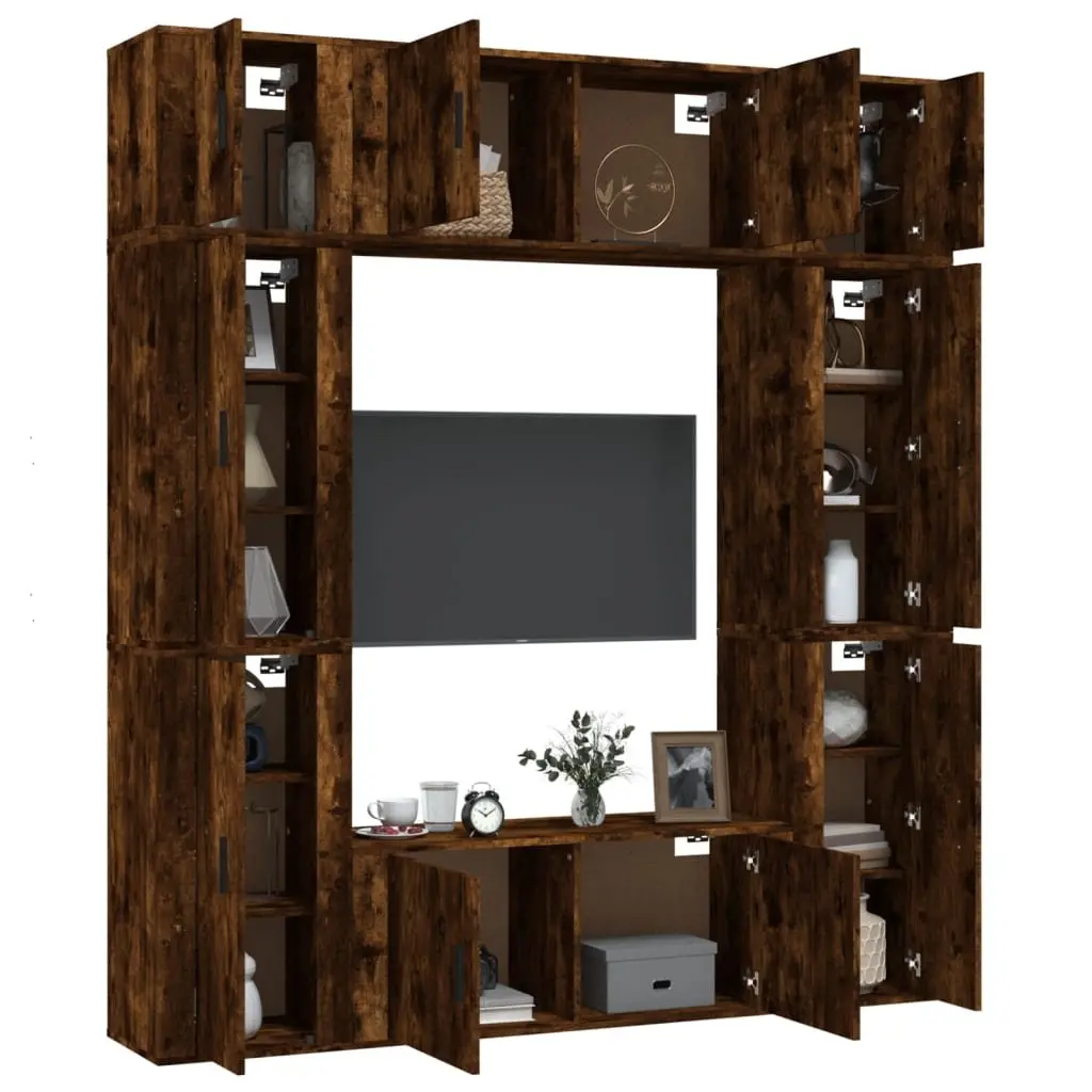 TV Cabinet Set 8 Piece Wall-Mounted Storage Engineered Wood Brown Furniture