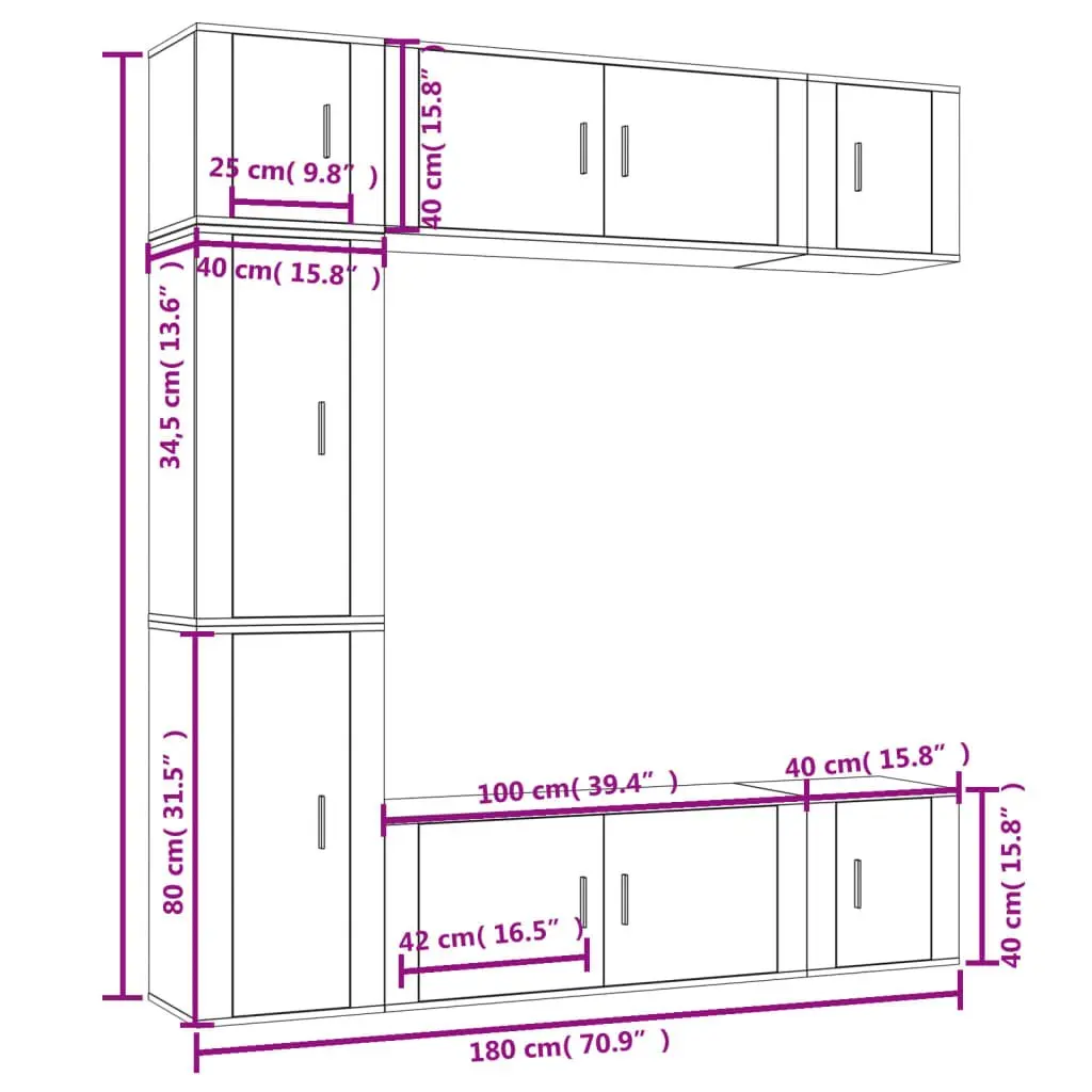 TV Cabinet Set 7 Piece White Wall-Mounted Storage Engineered Wood Unit