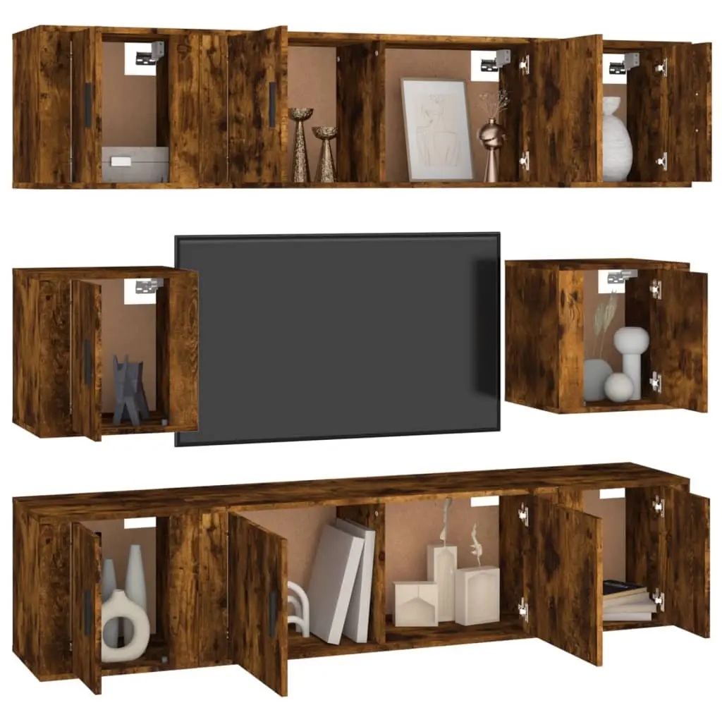 TV Cabinet Set 8 Piece Wall Mounted Storage Unit Engineered Wood Brown