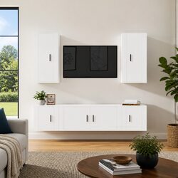 5 Piece TV Cabinet Set Wall Mounted Storage White Engineered Wood Unit