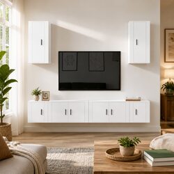 TV Cabinet Set 6 Piece White High Gloss Wall-Mounted Storage Unit Engineered