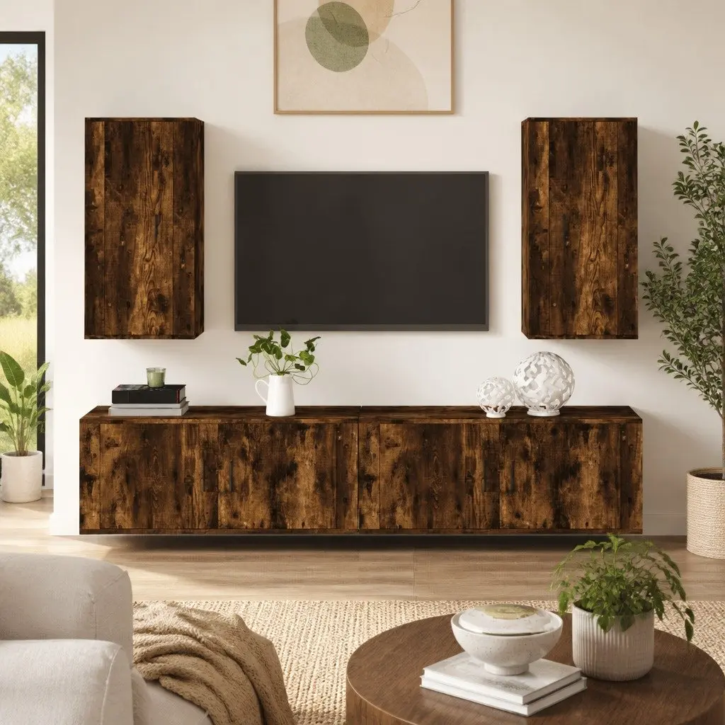 4 Piece Brown Wall Mounted TV Cabinet Set with Storage