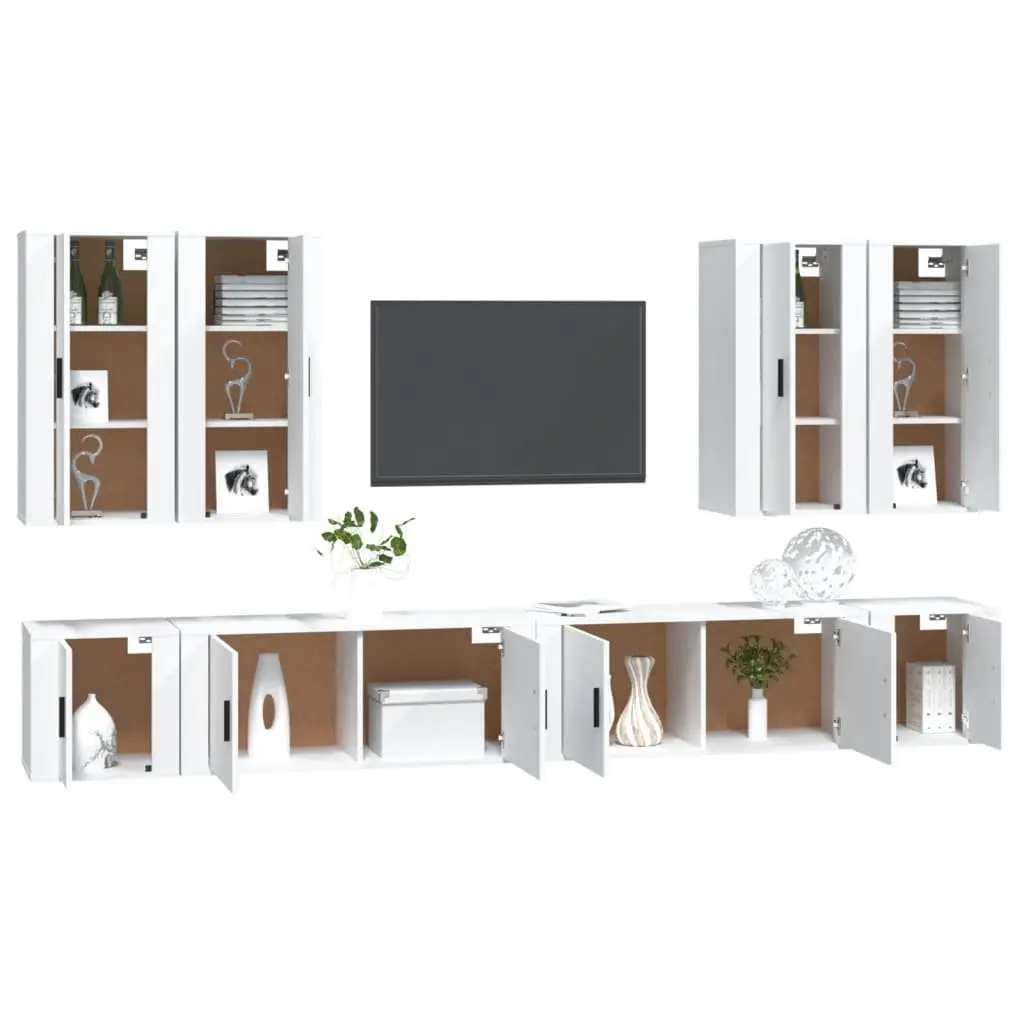 TV Cabinet Set 8 Piece Wall Mounted Living Room Storage White Engineered Wood
