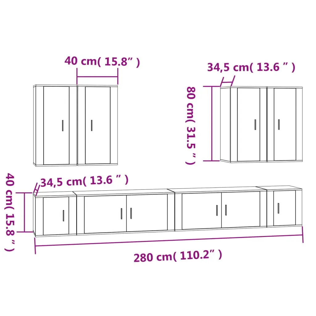 TV Cabinet Set 8 Piece Wall Mounted Living Room Storage White Engineered Wood