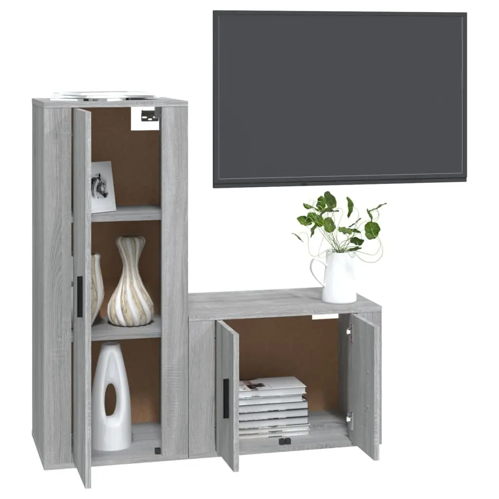 TV Cabinet Set Wall-Mounted Grey Media Storage Unit Engineered Wood 2 Piece