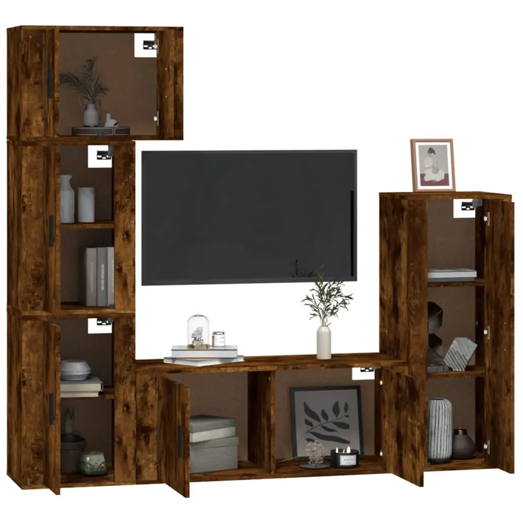 Wall-Mounted TV Cabinet Set 5 Piece Media Storage Unit Engineered Wood Brown