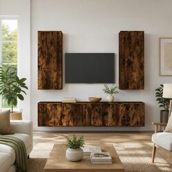 TV Cabinet Set Wall Mounted Media Storage Unit Engineered Wood Brown 5 Piece