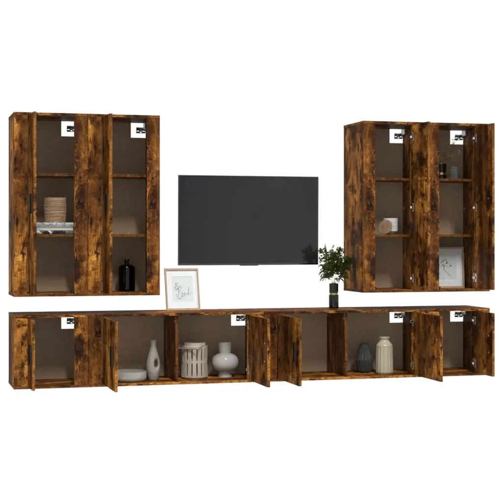 TV Cabinet Set 8 Piece Wall-Mounted Media Storage Engineered Wood Brown
