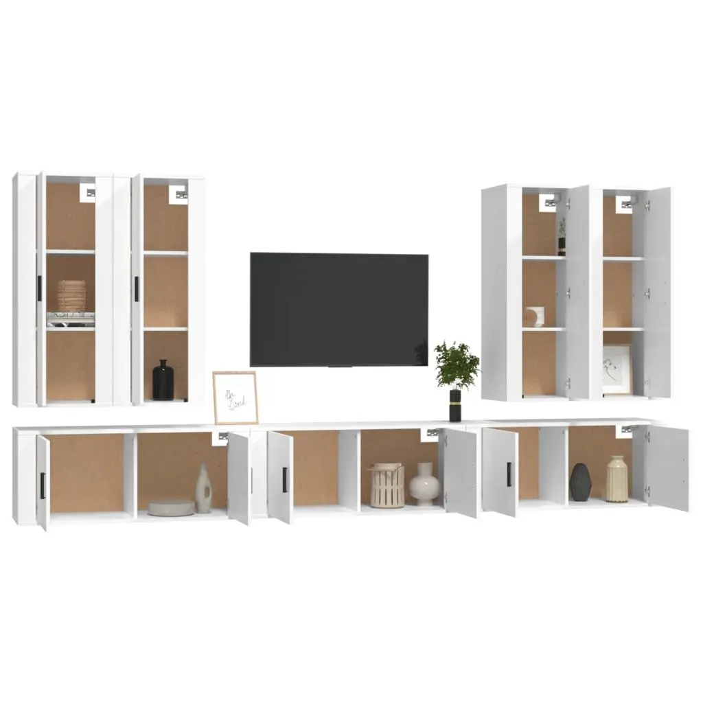 7 Piece Wall-Mounted TV Cabinet Set White Engineered Wood Media Storage Unit