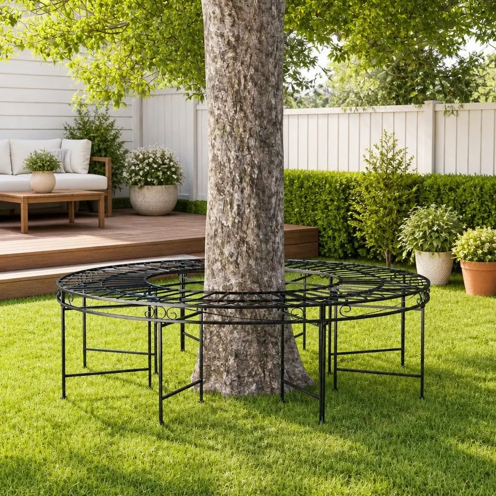 Round Tree Bench Outdoor Seating Ø160 cm Black Steel