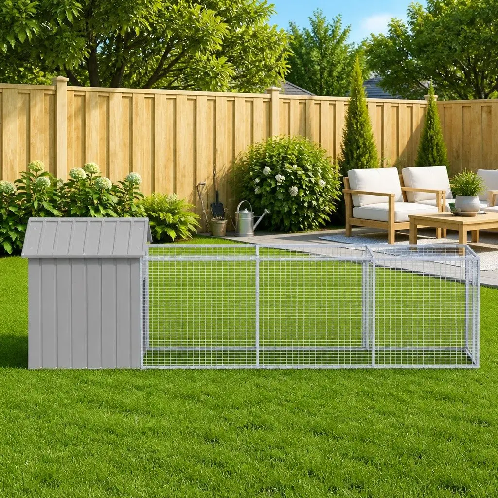 Dog Kennel Outdoor Pet House with Run Large Grey Galvanised Steel Enclosure