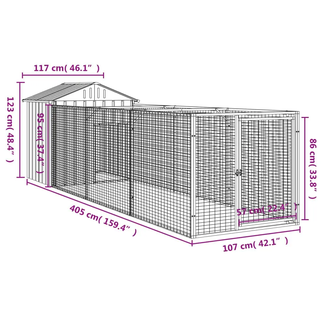 Dog Kennel Outdoor Pet House with Run Large Grey Galvanised Steel Enclosure