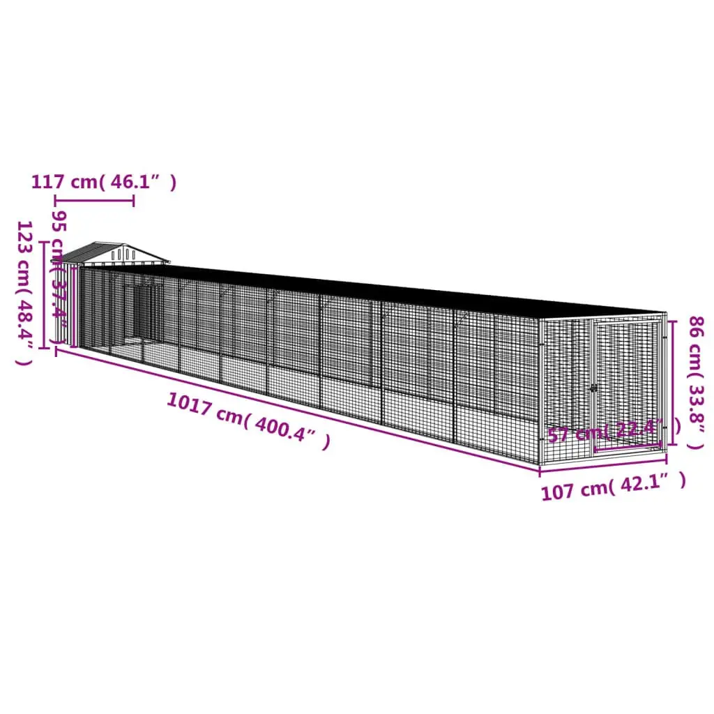Chicken Cage with Run Grey 117x1017x123 cm Galvanised Steel Coop Hen House
