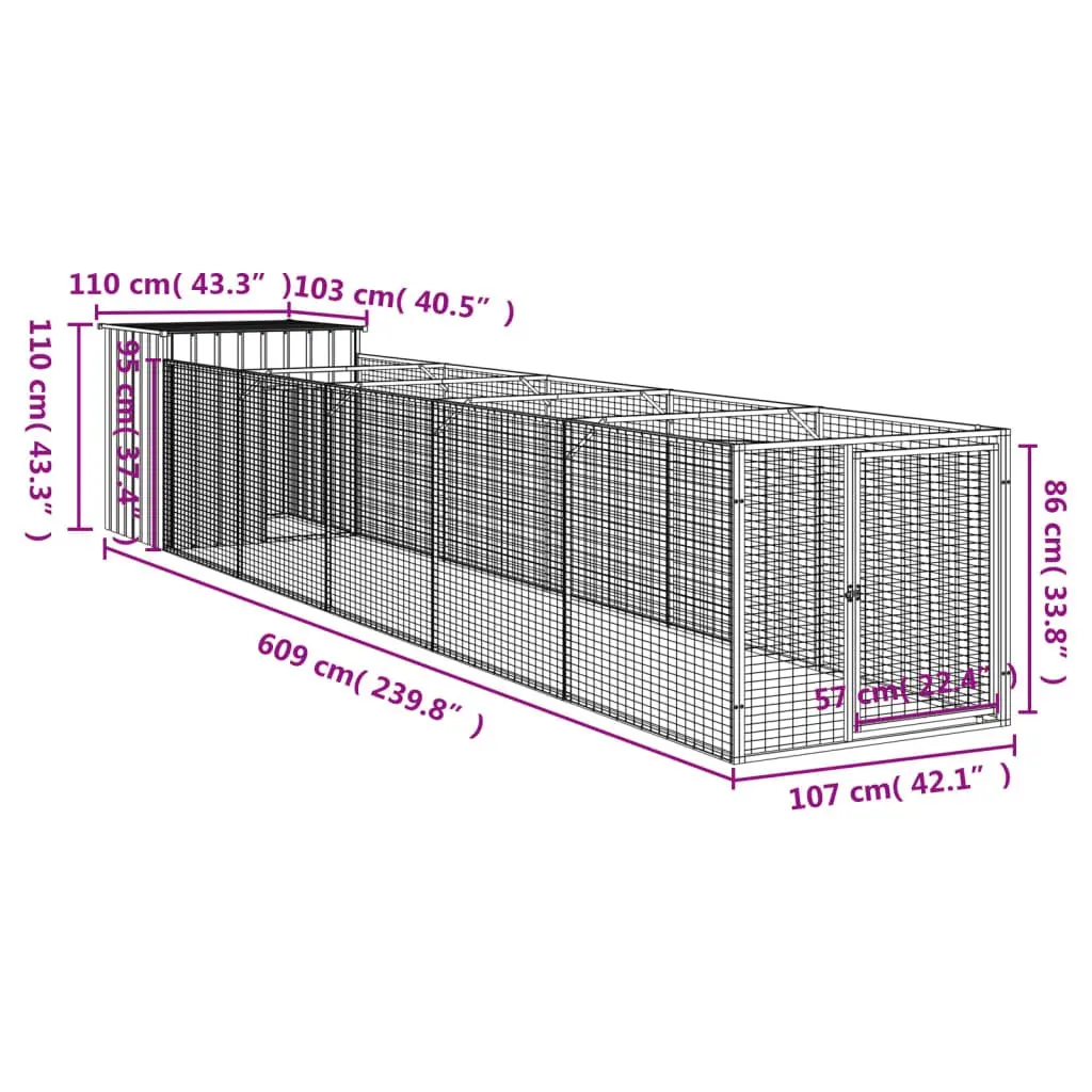 Dog House with Run Outdoor Kennel 110 x 609 x 110 cm Anthracite Galvanised Steel