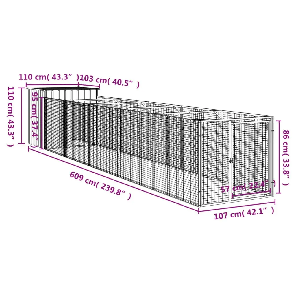 Dog House with Run Outdoor Pet Kennel Enclosure Light Grey Galvanised Steel 110 x 609 x 110 cm