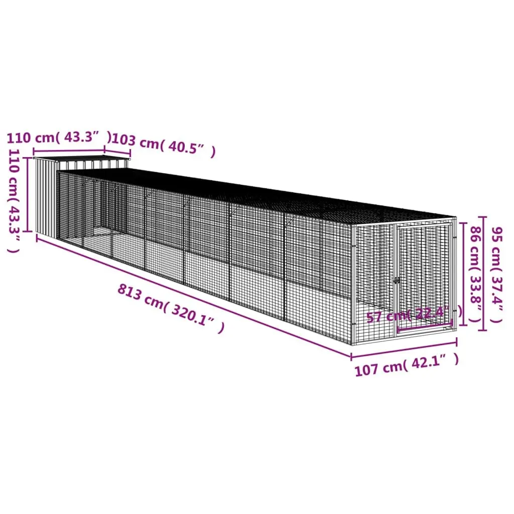 Chicken Cage with Run Galvanised Steel Coop 110x813x110 cm Grey