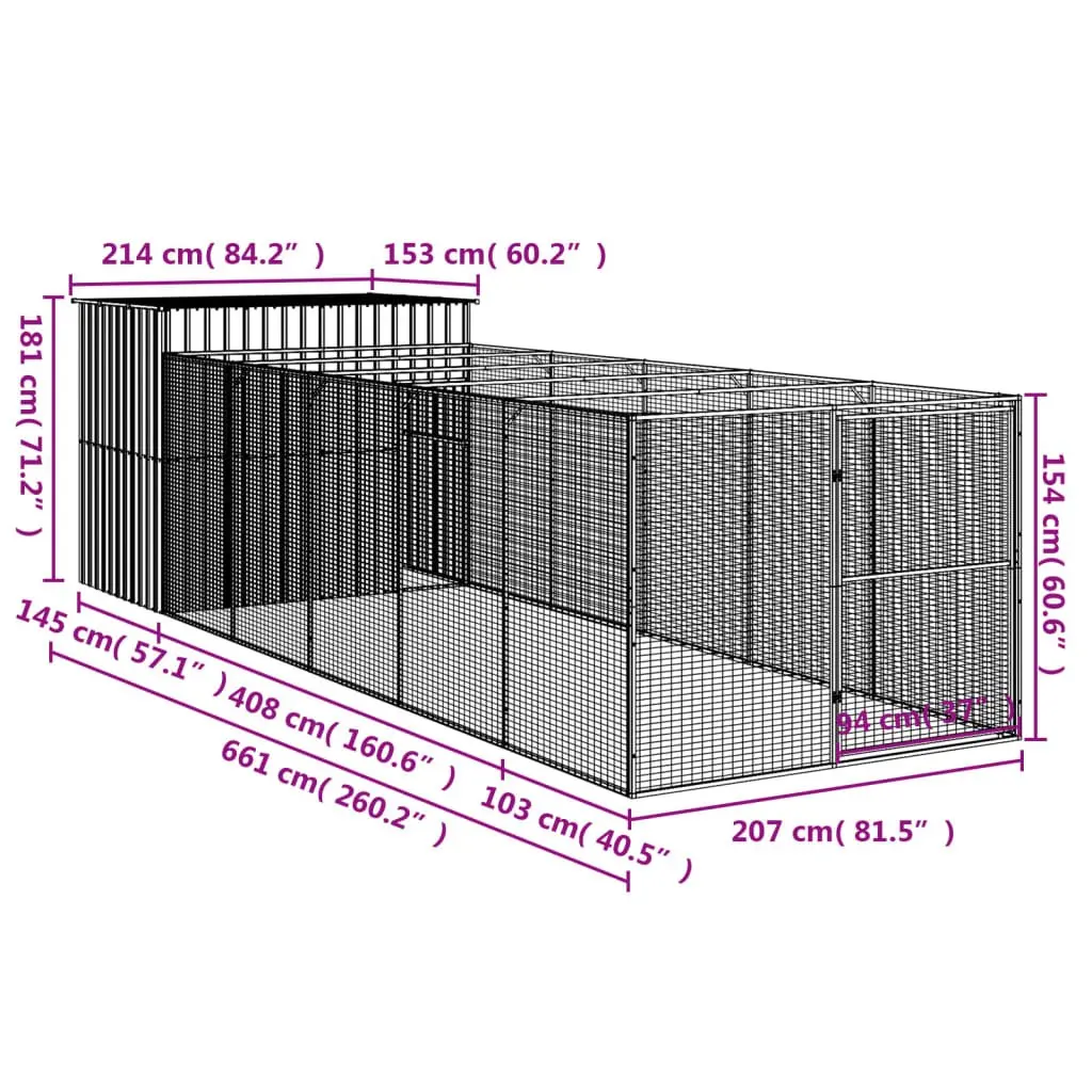 Dog House with Run Outdoor Pet Enclosure 214 x 661 x 181 cm Anthracite Galvanised Steel