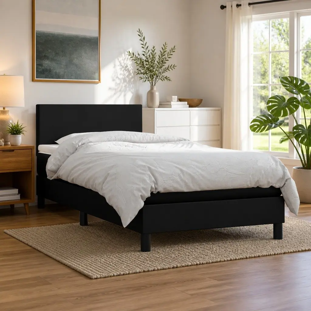 Box Spring Bed with Mattress King Single Size Black Adjustable Headboard Bedroom