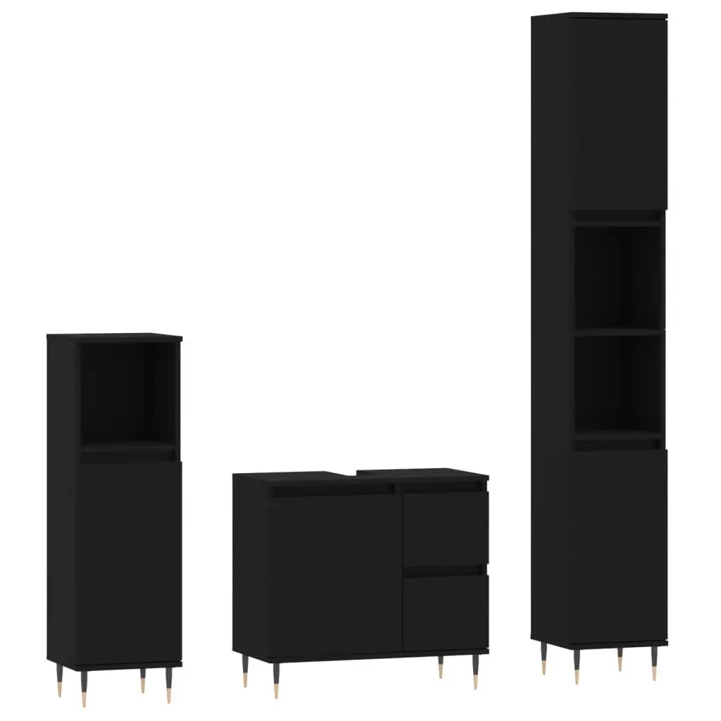3 Piece Bathroom Furniture Set Engineered Wood Sink Cabinet Storage Black