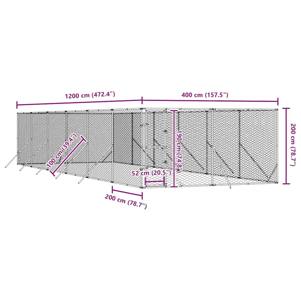 Dog Kennel Outdoor Enclosure Spacious Silver Galvanised Steel 4 x 12 x 2 m