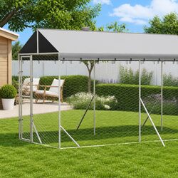 Outdoor Dog Kennel with Roof Galvanised Steel Enclosure Spacious Run Silver
