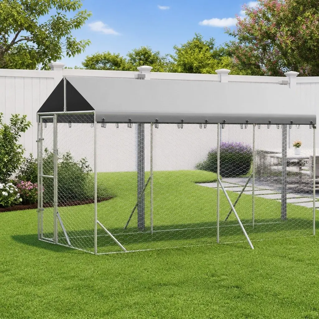 Large Outdoor Dog Kennel Galvanised Steel Silver with Roof
