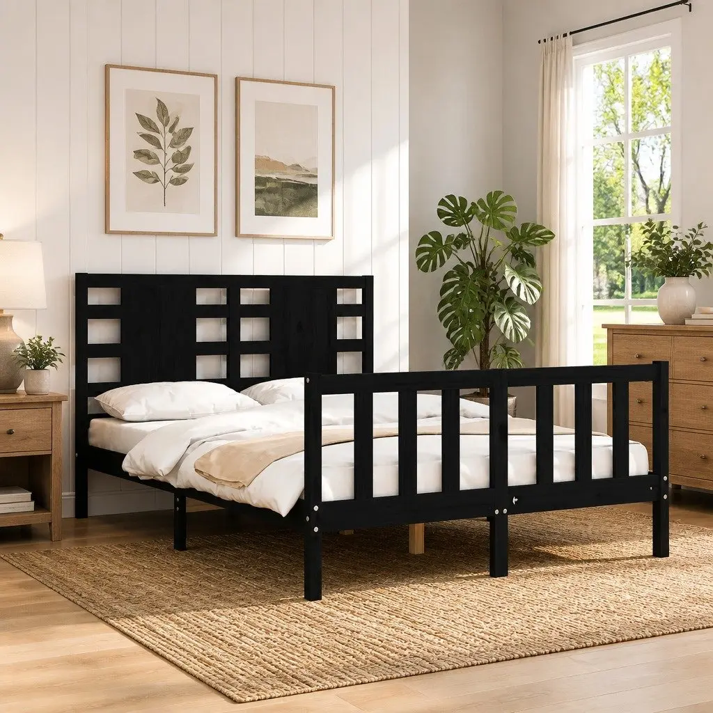 Solid Pine Bed Frame 135x190 cm in Black