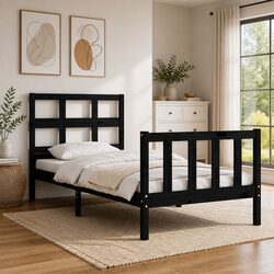 Solid Pine Wood Bed Frame 90x190 cm Black Single Wooden Bed Plywood Slats