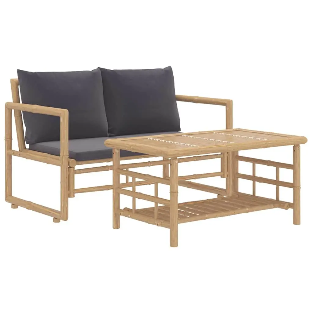 Bamboo Garden Lounge Set Outdoor Patio Furniture 2 Piece Grey Cushions