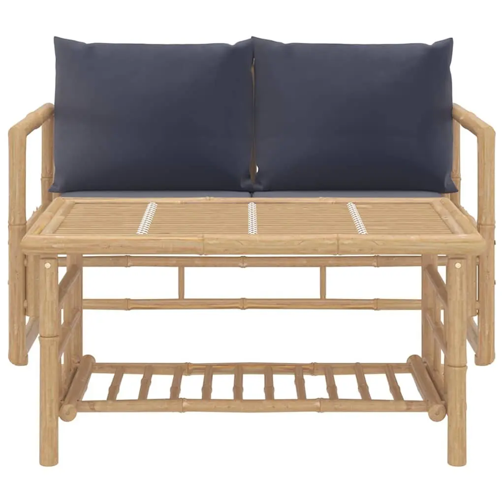 Bamboo Garden Lounge Set Outdoor Patio Furniture 2 Piece Grey Cushions