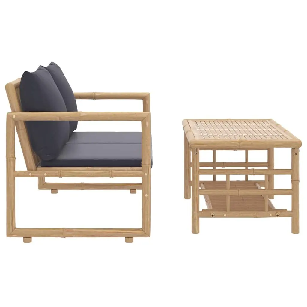 Bamboo Garden Lounge Set Outdoor Patio Furniture 2 Piece Grey Cushions