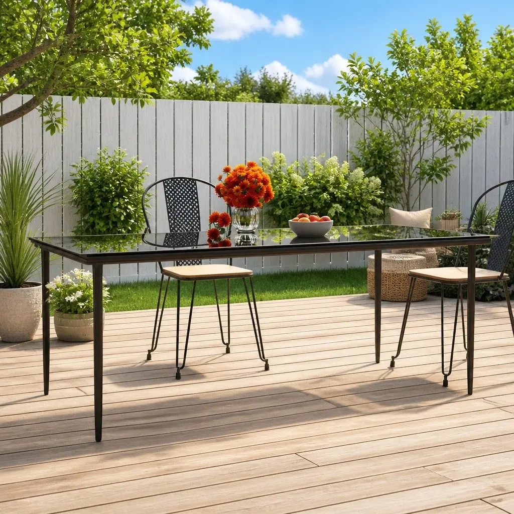 Garden Dining Table Outdoor Use 200x100x74cm Black Steel Tempered Glass