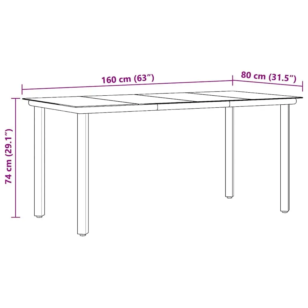 Garden Dining Table Outdoor Use 160x80x74cm Black Steel Frame Tempered Glass