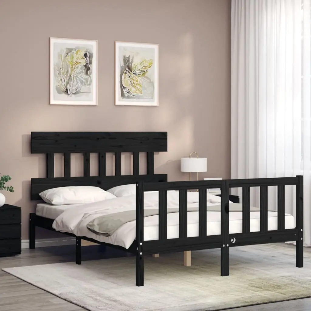 Solid Wood Bed Frame 135x190 cm Black Pine Bedroom Furniture