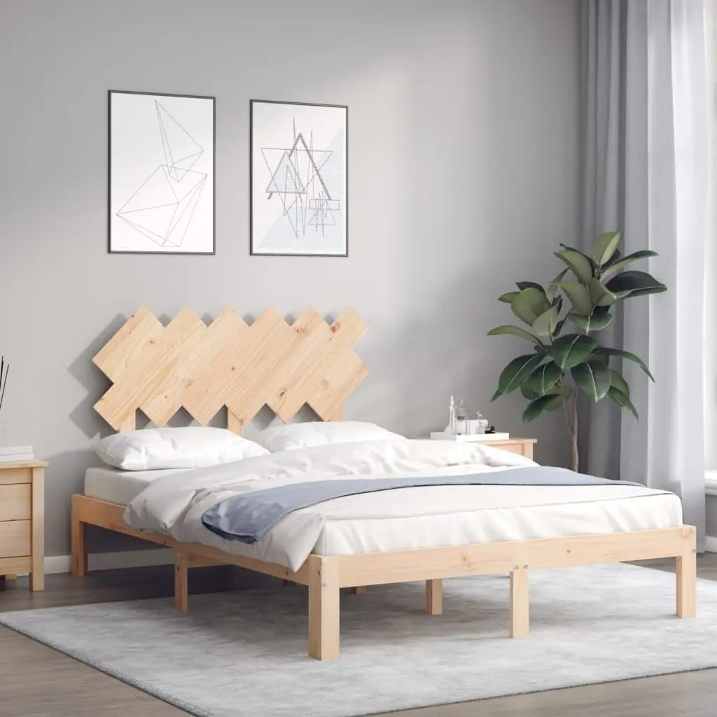 Solid Wood Bed Frame 135x190 cm Pine Wooden Bedroom Furniture Brown with Headboard