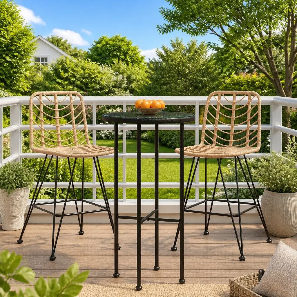 Outdoor Bar Stools 2pcs Garden Patio Seating Rattan Steel Frame Backrest