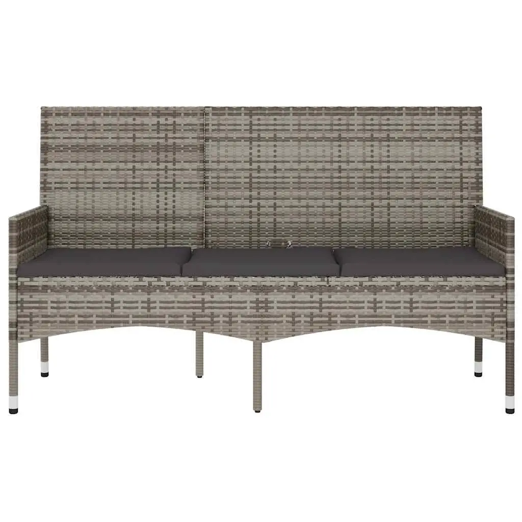 Outdoor Garden Bench 3-Seater with Cushions Grey Poly Rattan Patio Seating