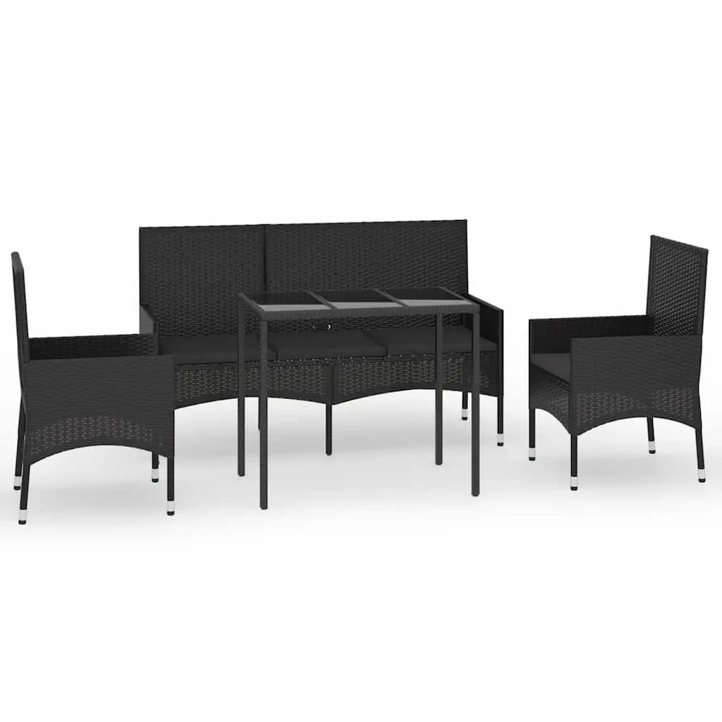 4 Piece Outdoor Garden Lounge Set Black Poly Rattan Furniture with Cushions