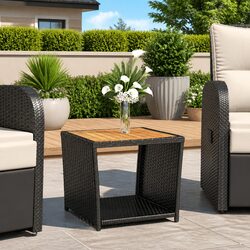 Outdoor Tea Table Black Poly Rattan Frame Solid Acacia Wood Top Garden Patio