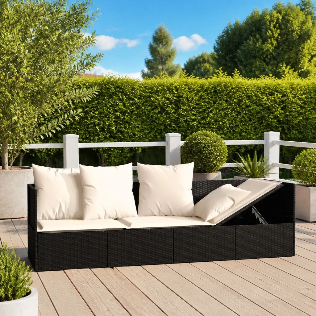 Adjustable Sun Lounger Black Poly Rattan Outdoor Bed with Cushions