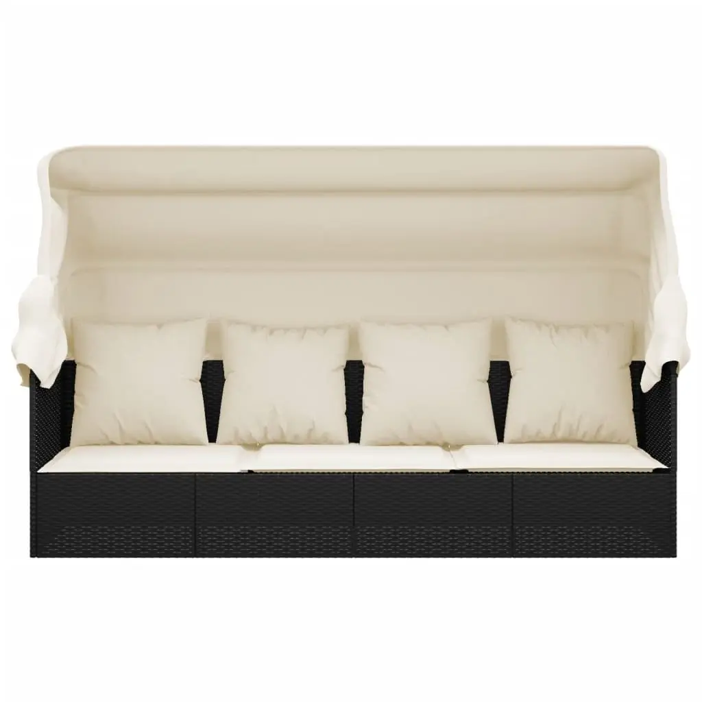 Outdoor Lounge Bed Sun Lounger with Adjustable Roof Cushions Black Poly Rattan