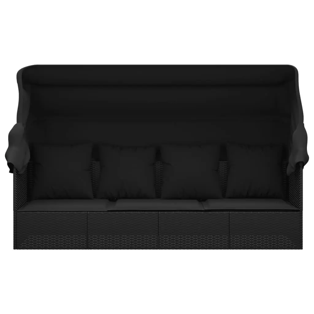 Outdoor Sun Lounge Bed with Adjustable Roof Cushions Black Poly Rattan Garden