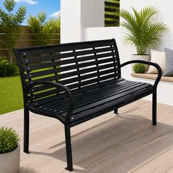 Garden Bench Outdoor Seating 116cm Black Steel WPC Slats Backrest Patio