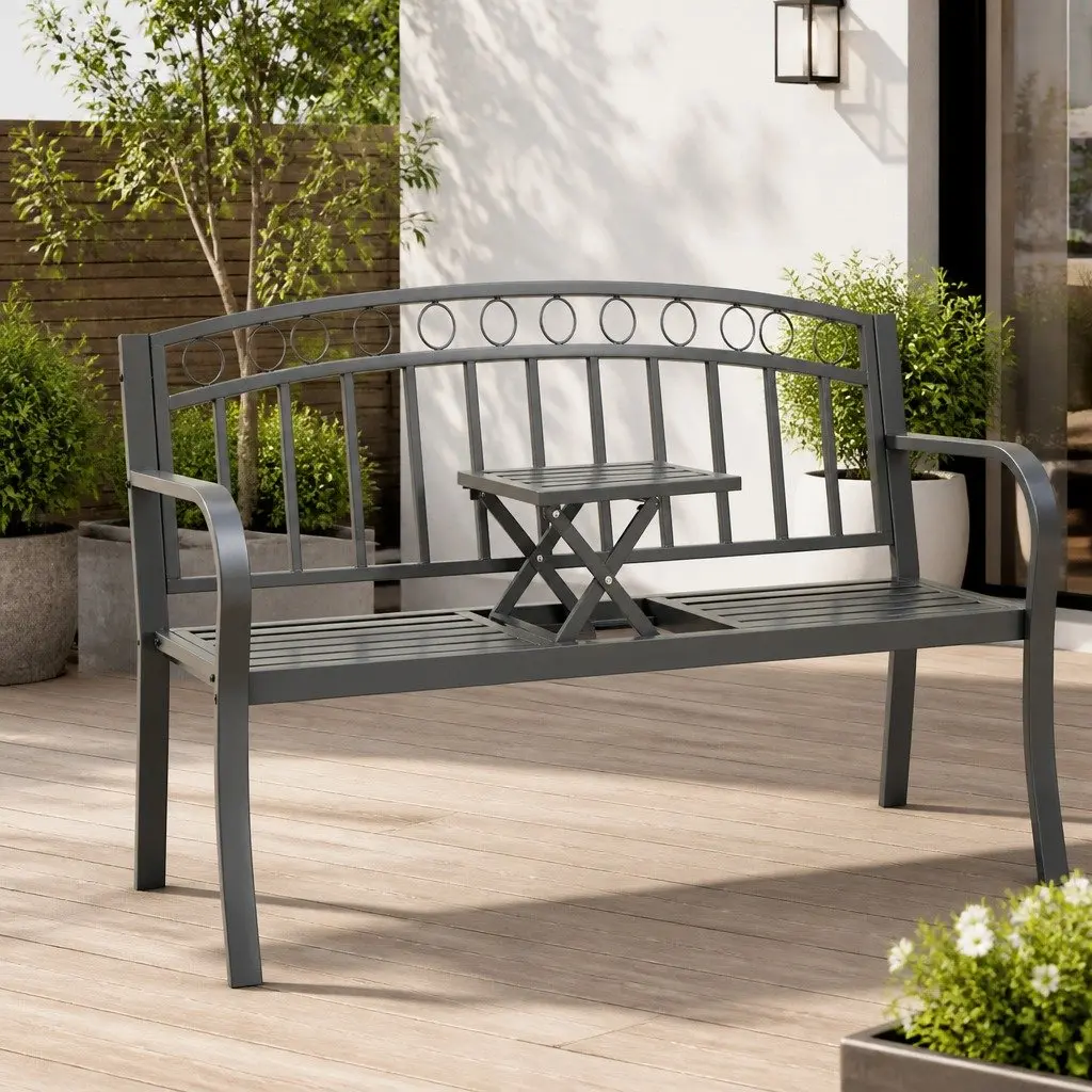 Grey Garden Bench with Integrated Centre Table