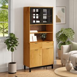 Reliable Highboard with Glass Doors in Rustic Brown Wood