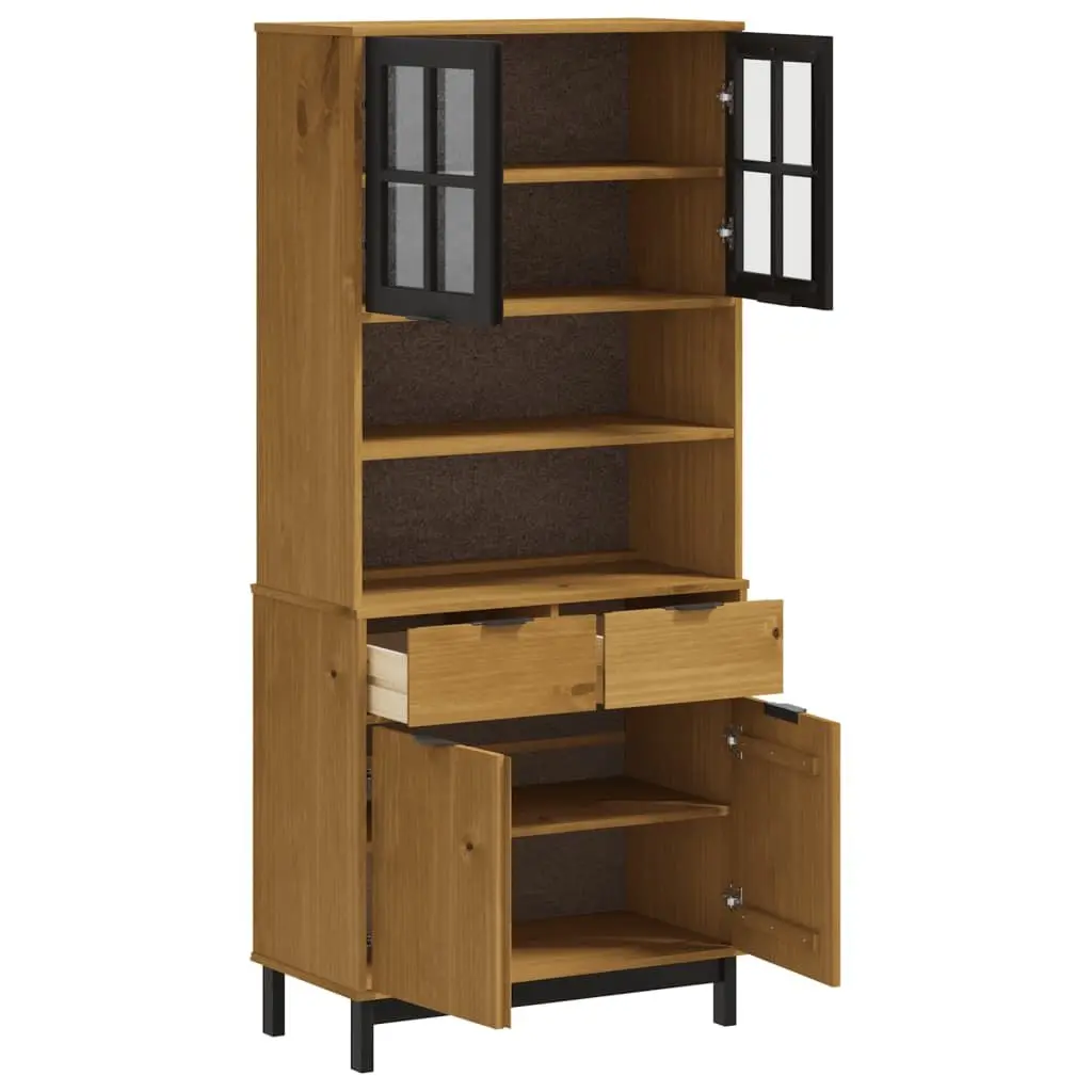 Highboard Storage Cabinet Solid Pine Wood Glass Doors Brown 80x40x180 cm