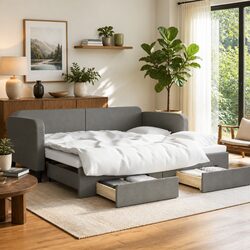 Daybed with Trundle and Storage Drawers Grey Sofa Bed Guest Bedroom Furniture