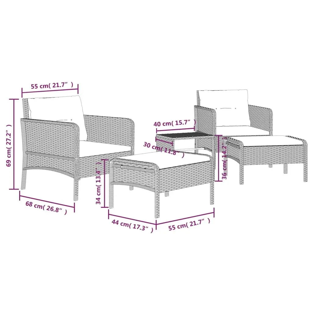 5 Piece Outdoor Patio Garden Lounge Set Grey with Cushions and Coffee Table