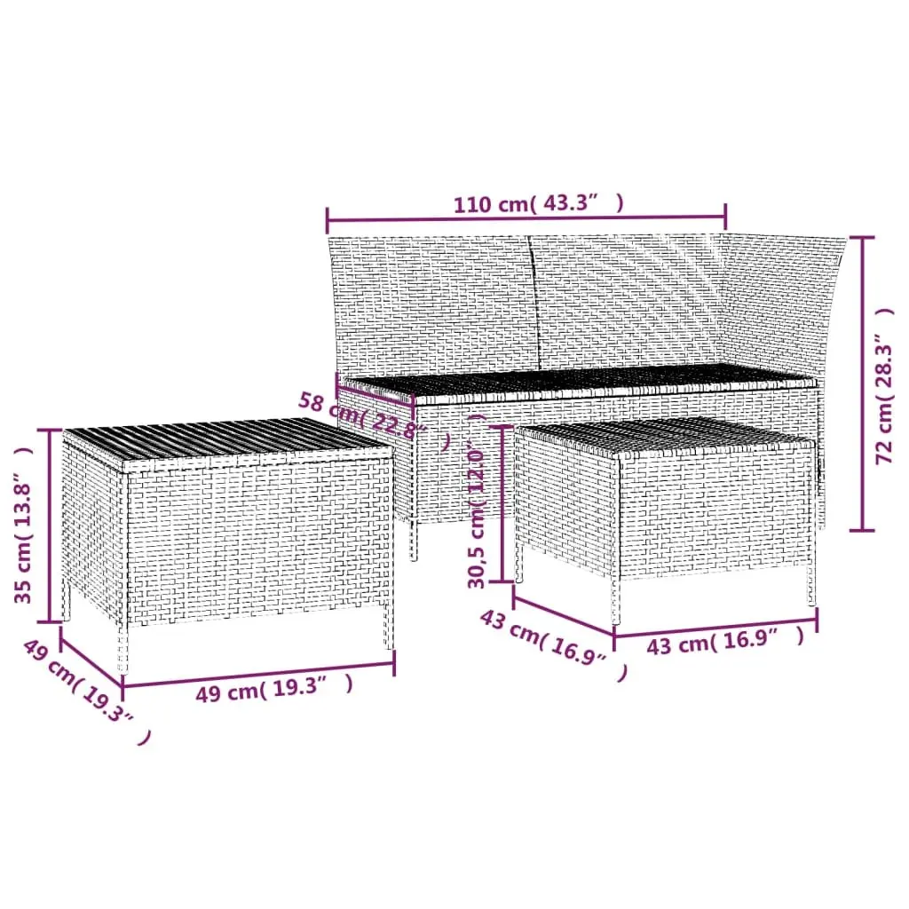 Garden Lounge Set 3 Piece Grey Poly Rattan Outdoor Furniture with Cushions